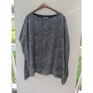 Calvin Klein SZ L Blouse Black White Geometric Woven Pullover Short Sleeve